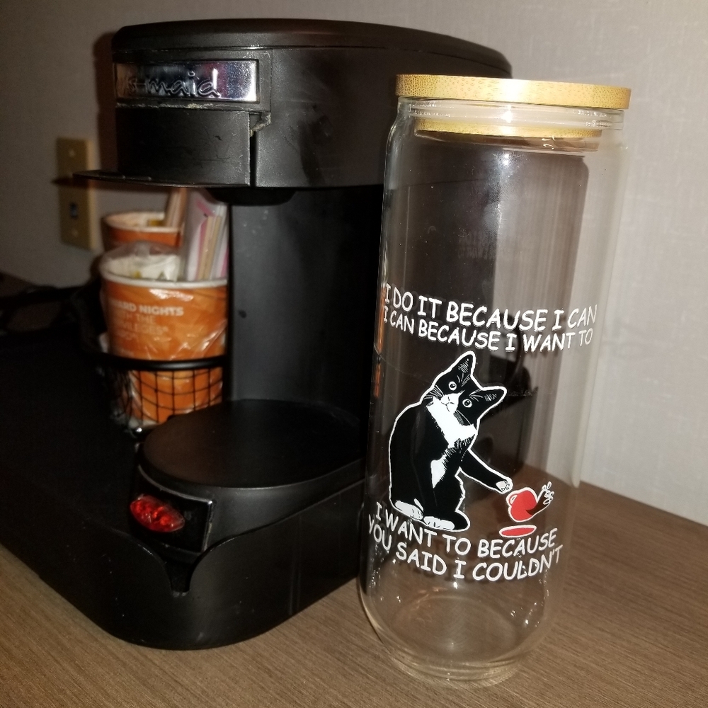 24oz Cat Themed Glass Tumbler with Bamboo Lid And White Text 'I Can..'
